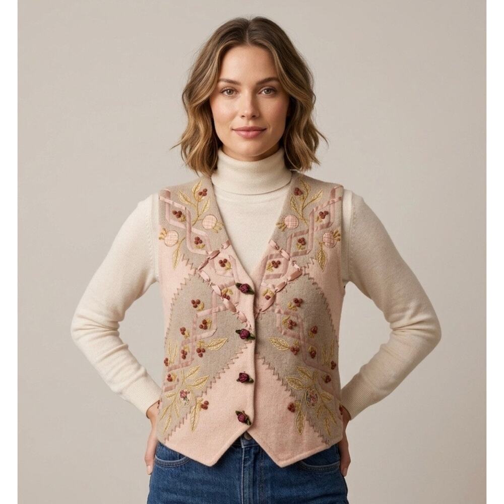 Vintage Eagle's Eye Collectibles Wool Sweater Vest Pink Embroidered Floral M